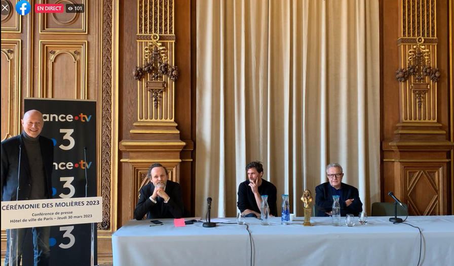 Hugues Leforestier, Jean-Marc Dumontet, Alexis Mimchalik et Michel Field à la conférence de Presse des Molières à l'Hotel de vilel de Paris le 30 mars 2023.