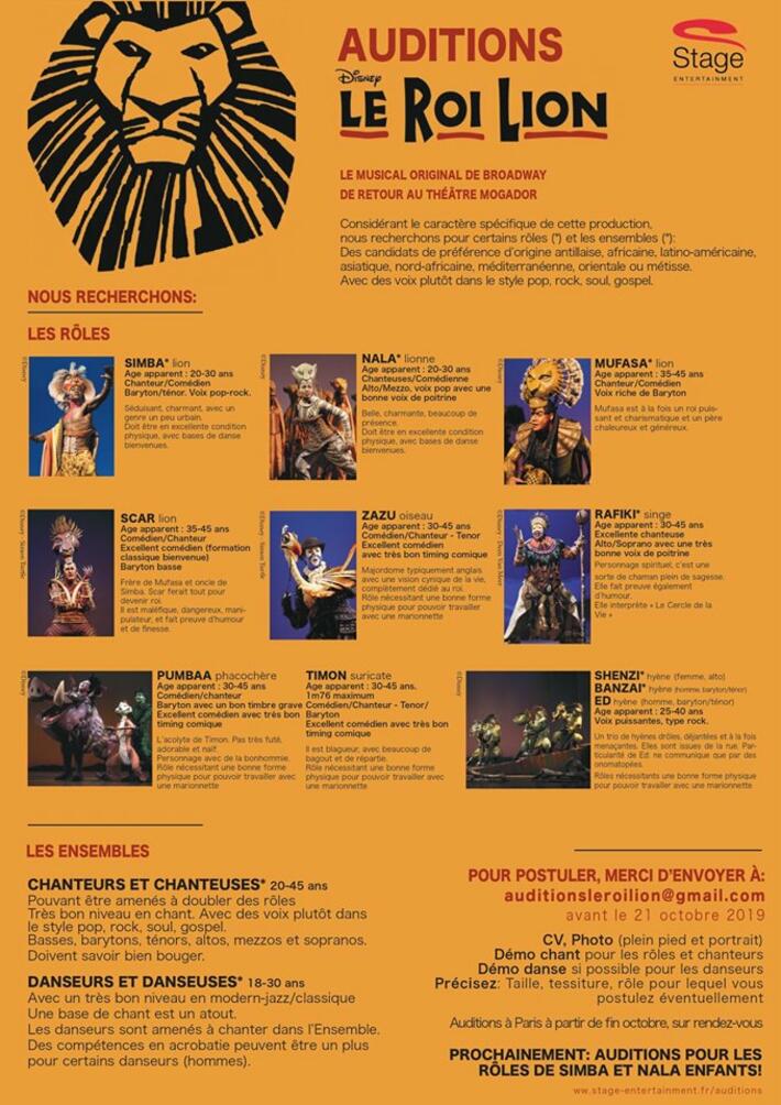 casting le roi lion paris mogador 2020
