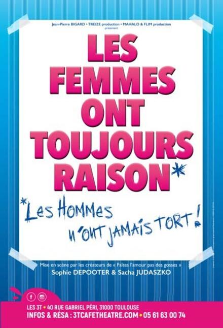 Les Femmes ont toujours raison... Les hommes n'ont jamais tort. au Théâtre Les 3T Café-Théâtre